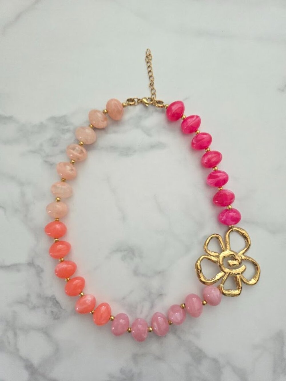 Pink Multicolor Beaded Gold Flower Statement Necklace - Picture 3 of 15